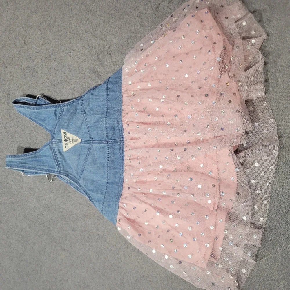 OshKosh B'gosh Jumper Dress Girls 24M Blue‎ Pink Denim Tulle Glitter Polka Dot